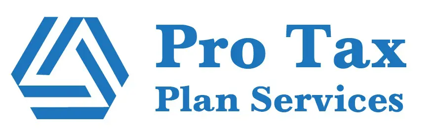 A blue and white logo for pro plan services